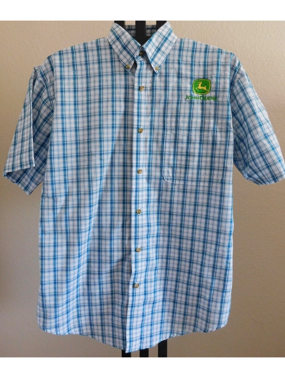 Wrangler Riata John Deere Men's Plaid Button Up Shirt Size L Teal Blue White SS